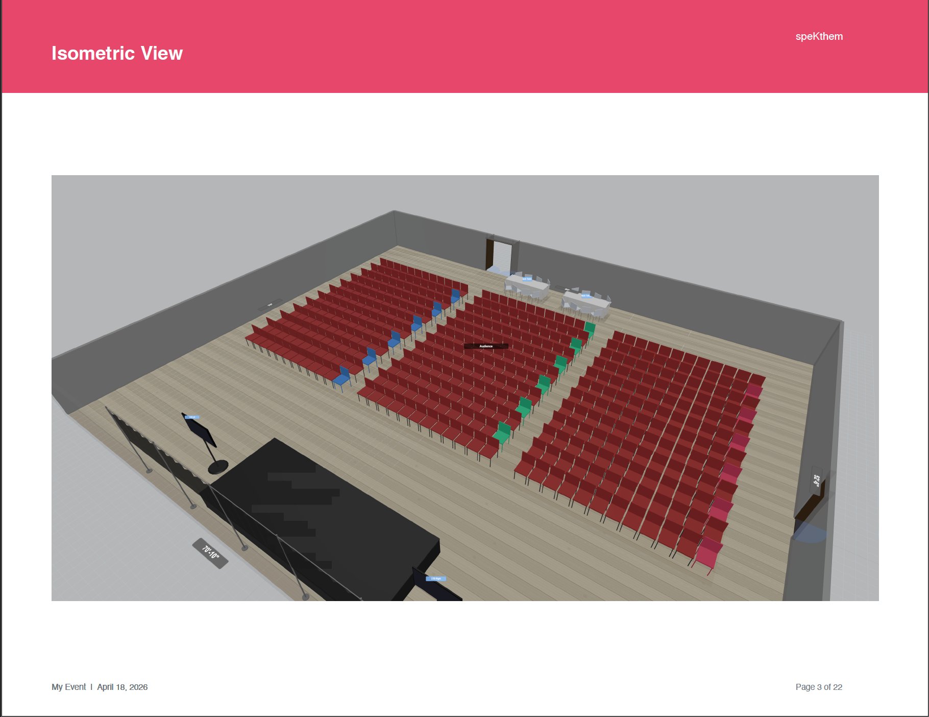 Isometric technical view — 400-seat theater layout with stage, steps, and registration tables, names hidden