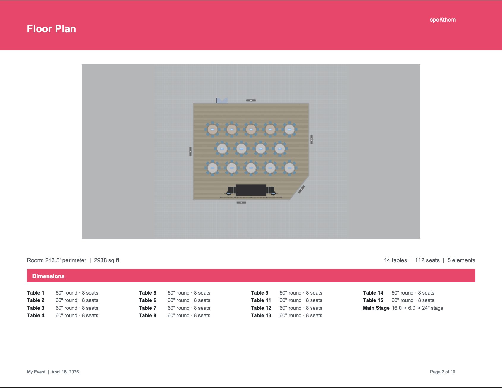 Floor plan page with real dimensions