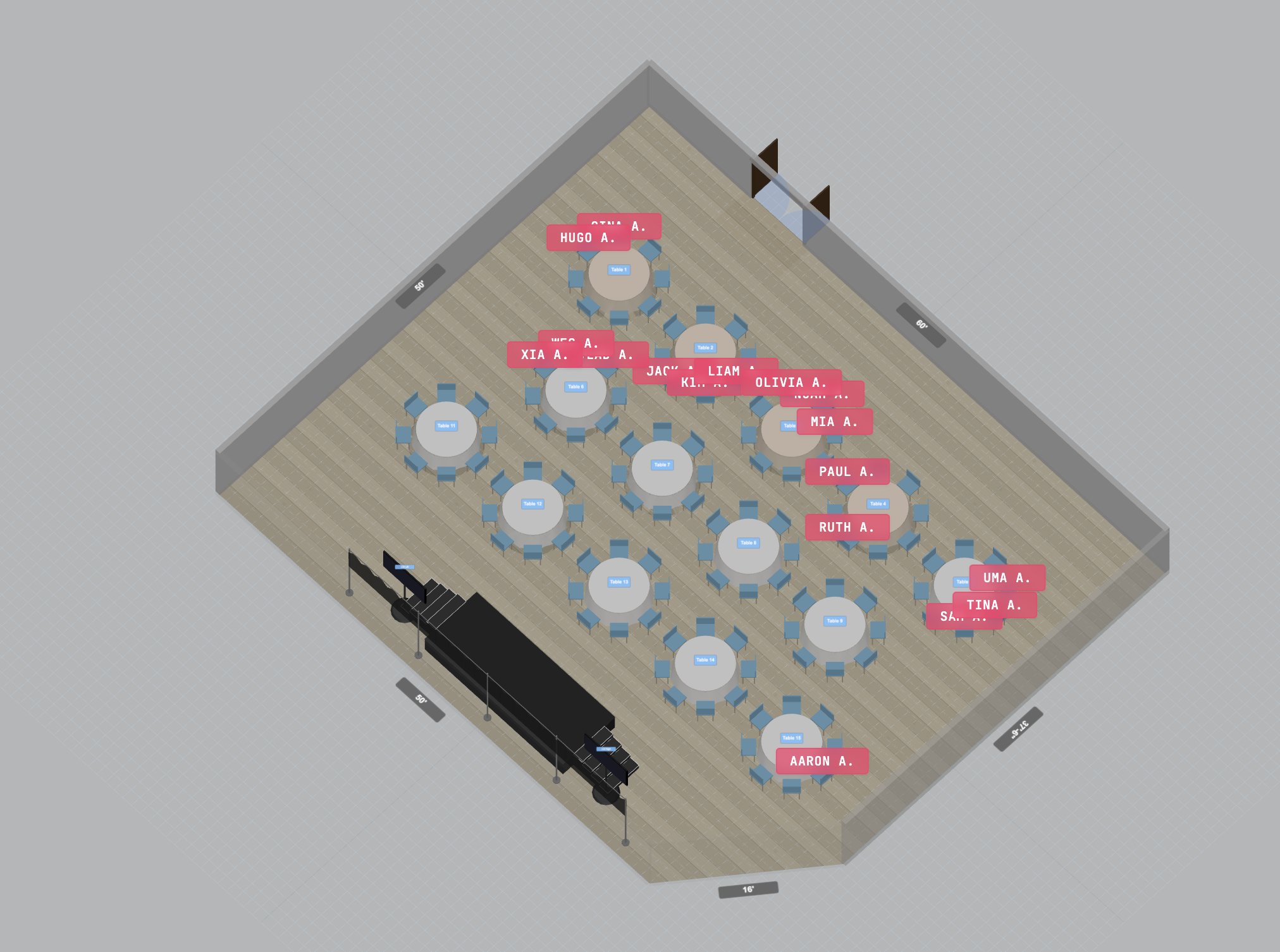 Isometric 3D of banquet tables with guest names floating above each chair