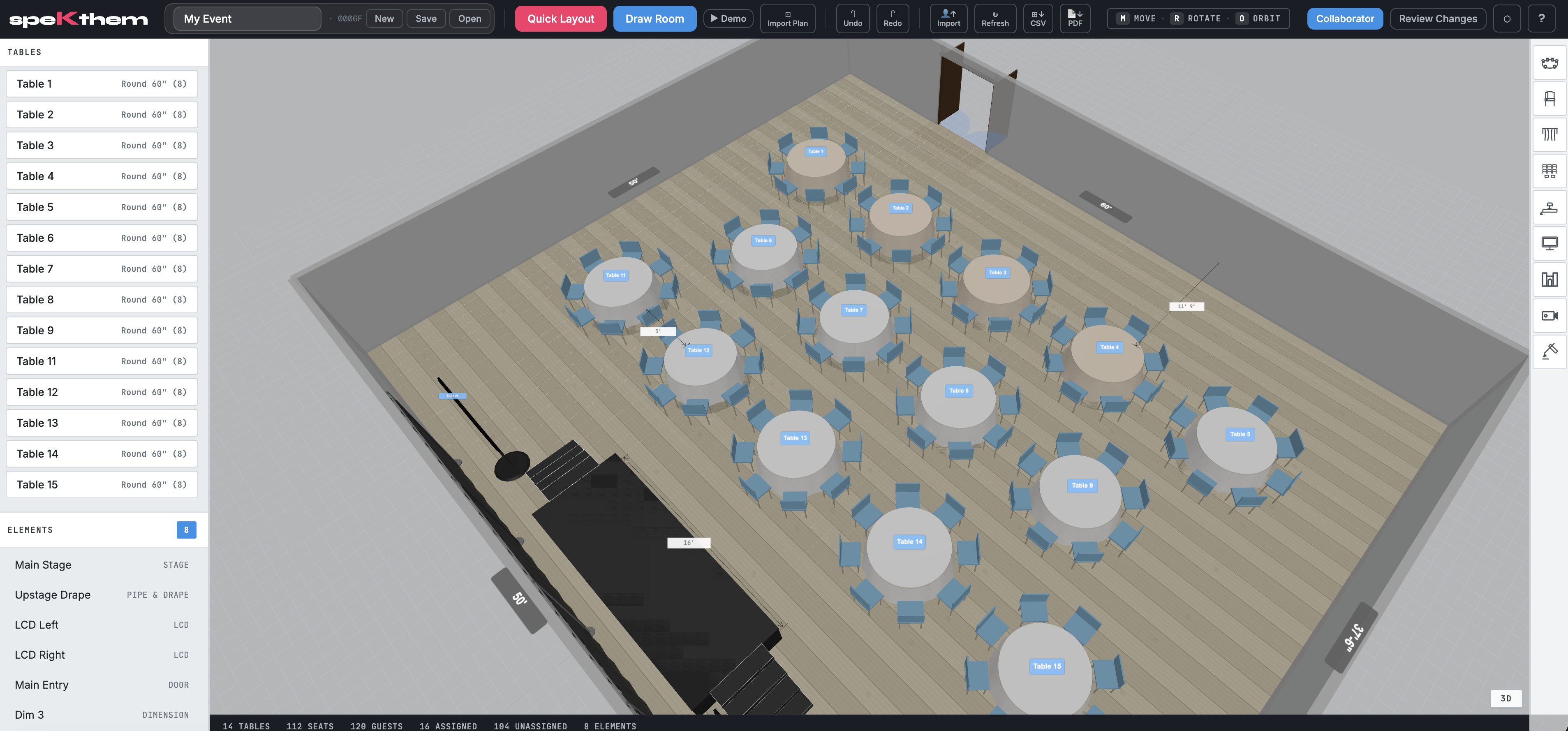 The speKthem app in use — sidebar with 14 tables, elements list, 3D canvas with a stage and chairs, live dimensions